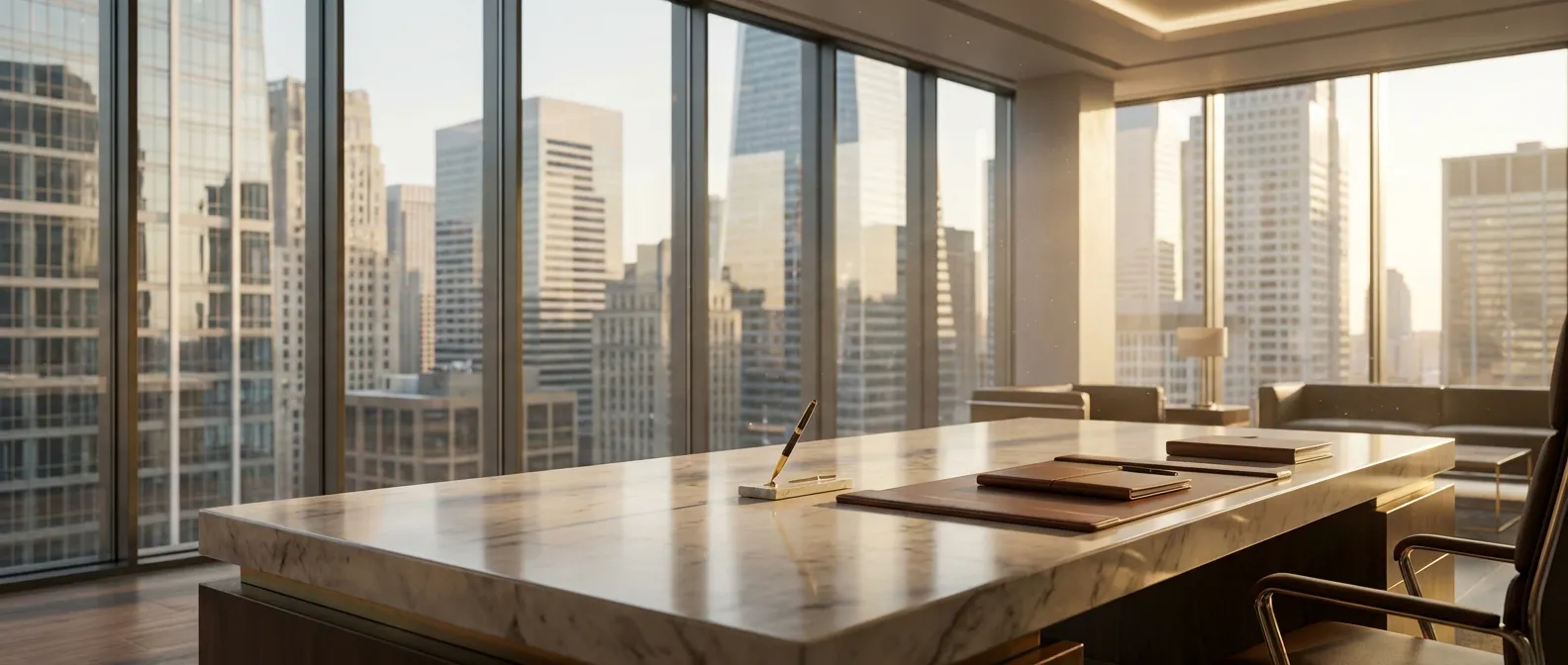 Vue panoramique d'un bureau de gestion de patrimoine luxueux surplombant un quartier financier.