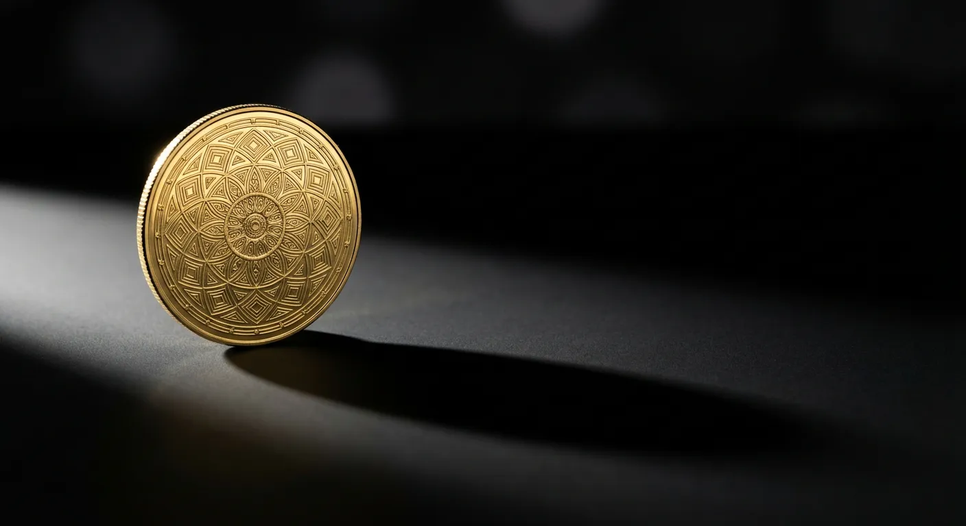 Gros plan iconique d'une pièce d'or sur fond noir.