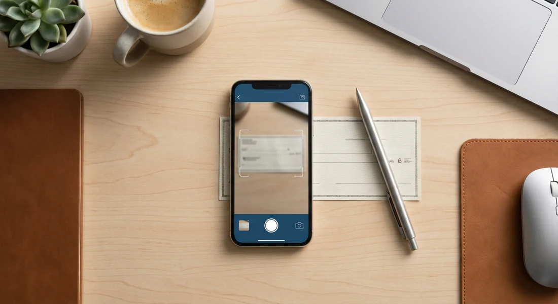 Un smartphone utilisant une application de banque en ligne pour scanner un chèque sur un bureau moderne.