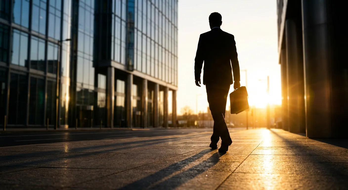 Un entrepreneur s'éloignant d'un gratte-ciel bancaire vers un nouvel horizon