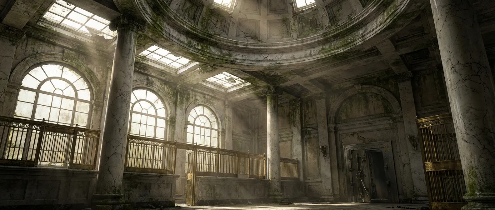 Un hall de banque majestueux en déclin avec des jeux de lumière dramatiques