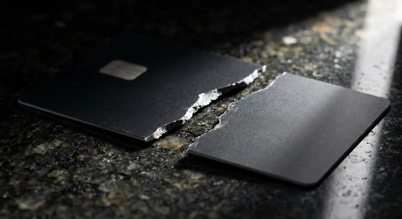 Une carte bancaire noire brisée en gros plan