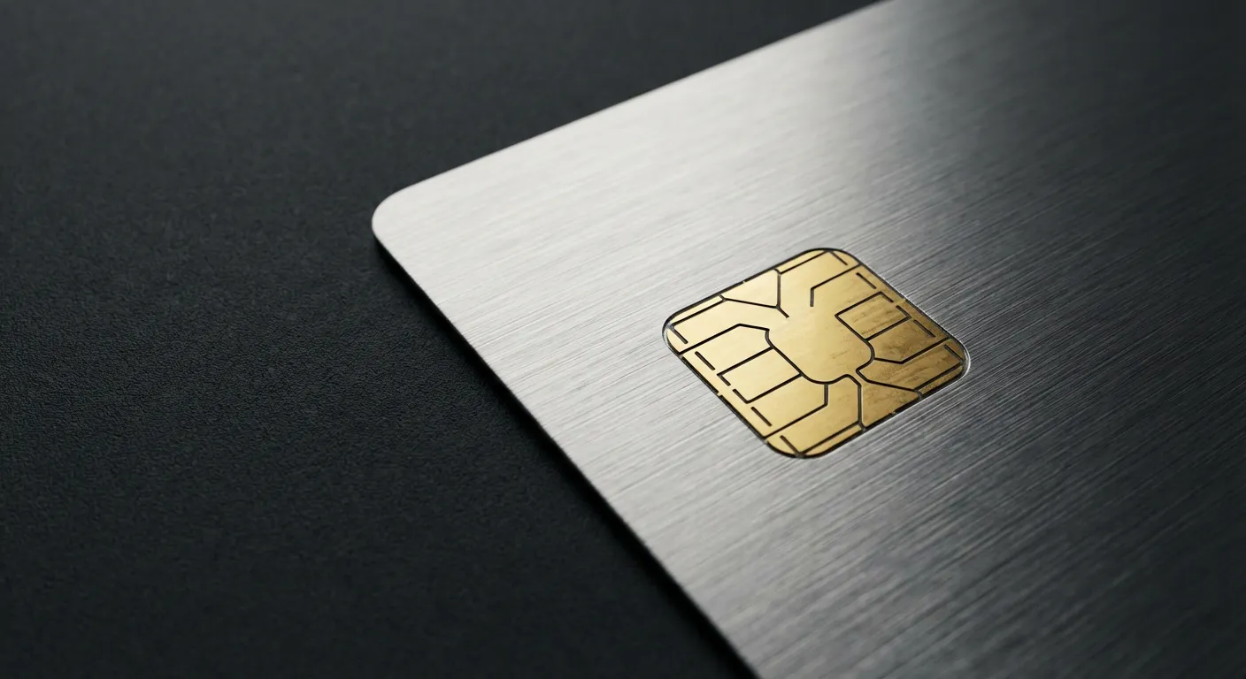 Gros plan iconique sur la puce d'une carte de débit bancaire.