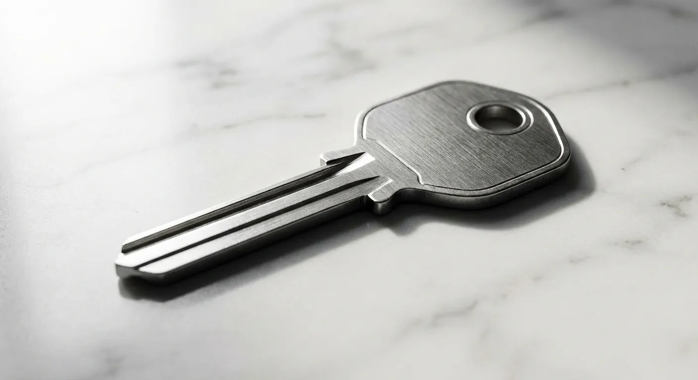 Clé de maison minimaliste sur marbre blanc, symbole de crédit immobilier