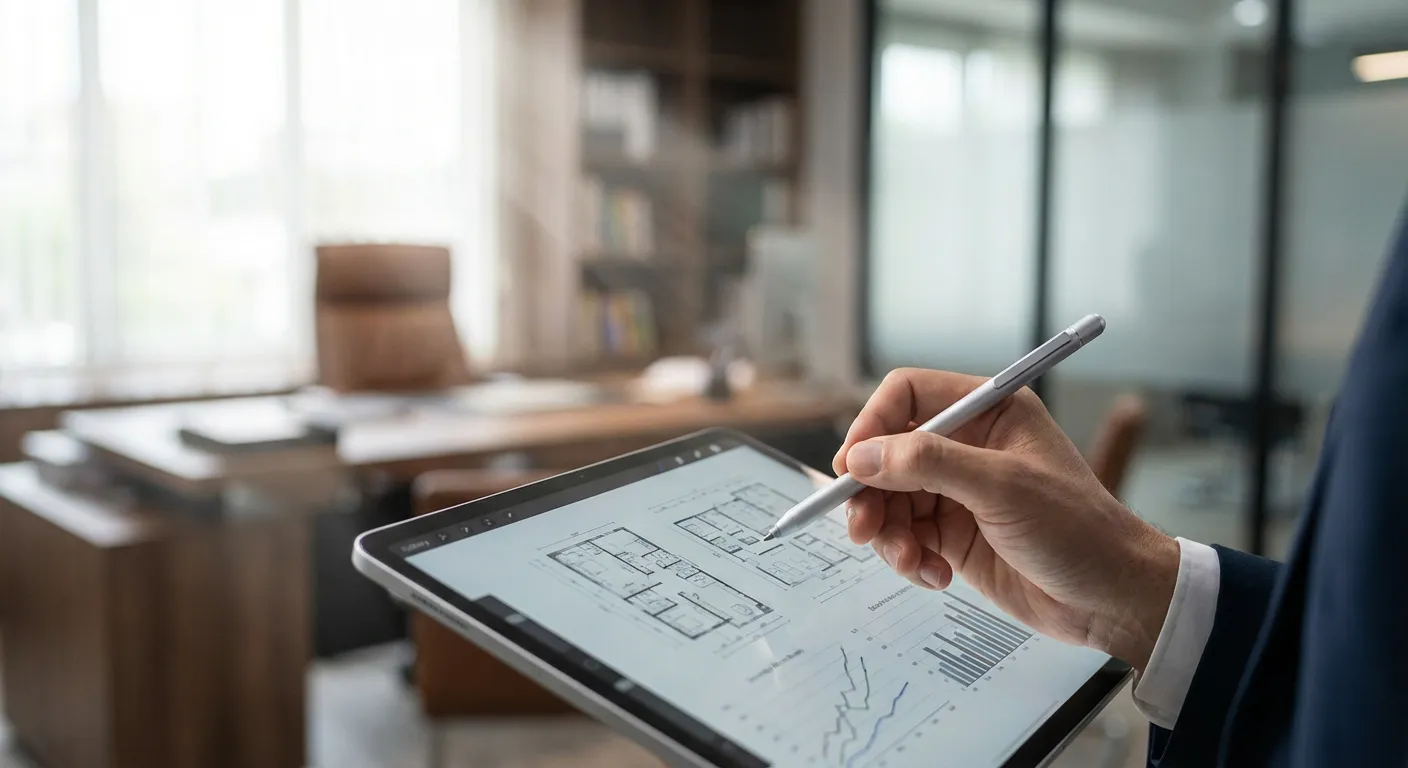 Analyse des critères financiers et immobiliers sur une tablette numérique