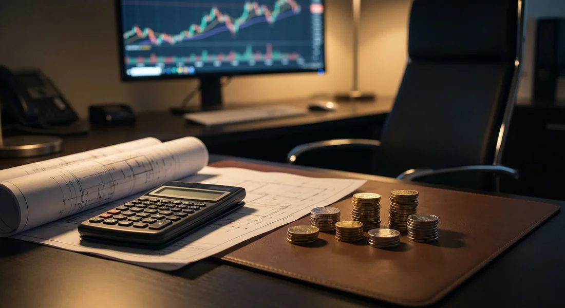 Analyse financière et planification de prêt immobilier Bureau moderne avec calculatrice financière et plans d'architecte pour un investissement immobilier.