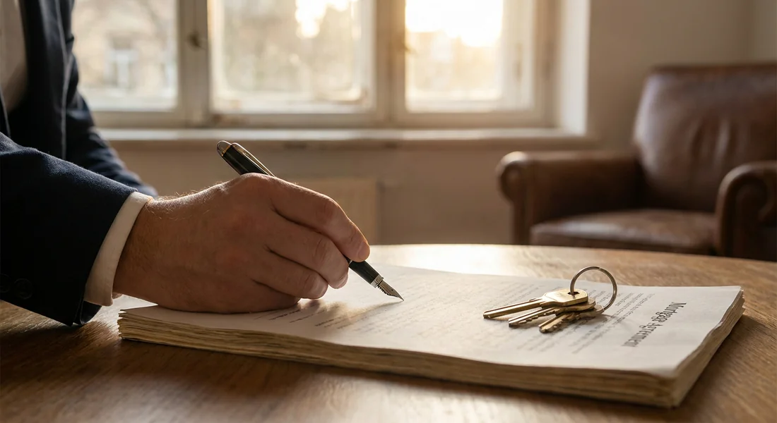 Signature d'un contrat de prêt immobilier avec les clés de la maison à côté.