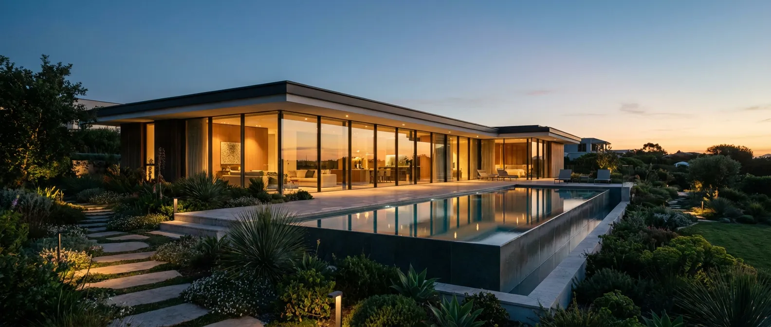 Villa moderne luxueuse illuminée au crépuscule représentant le succès d'un projet immobilier avec Boursorama