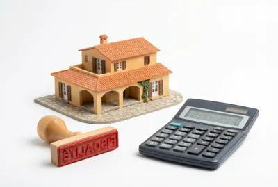 Miniature villa de vacances avec tampon fiscalité et calculatrice