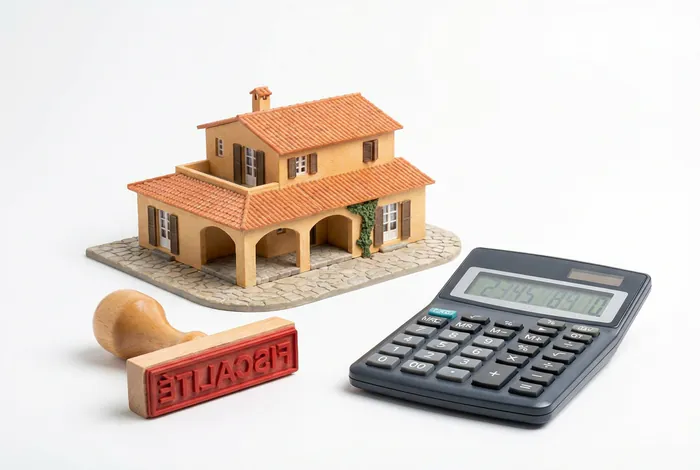 Miniature villa de vacances avec tampon fiscalité et calculatrice