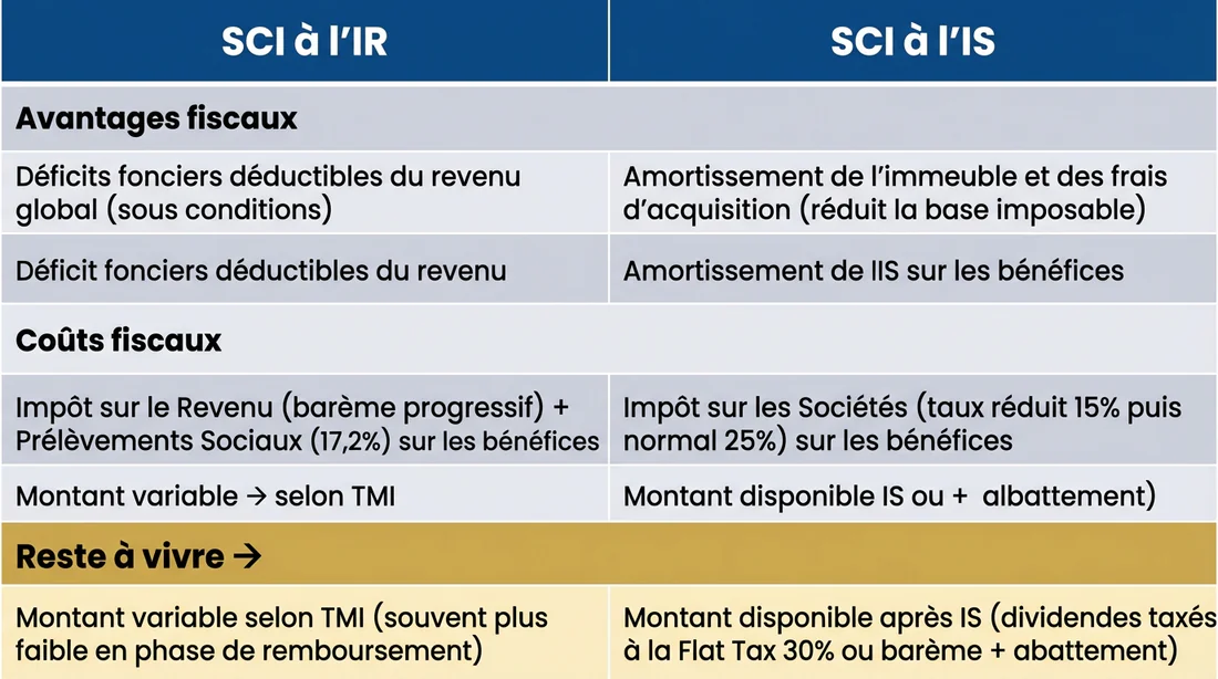 Tableau comparatif simulation financière SCI IR vs IS