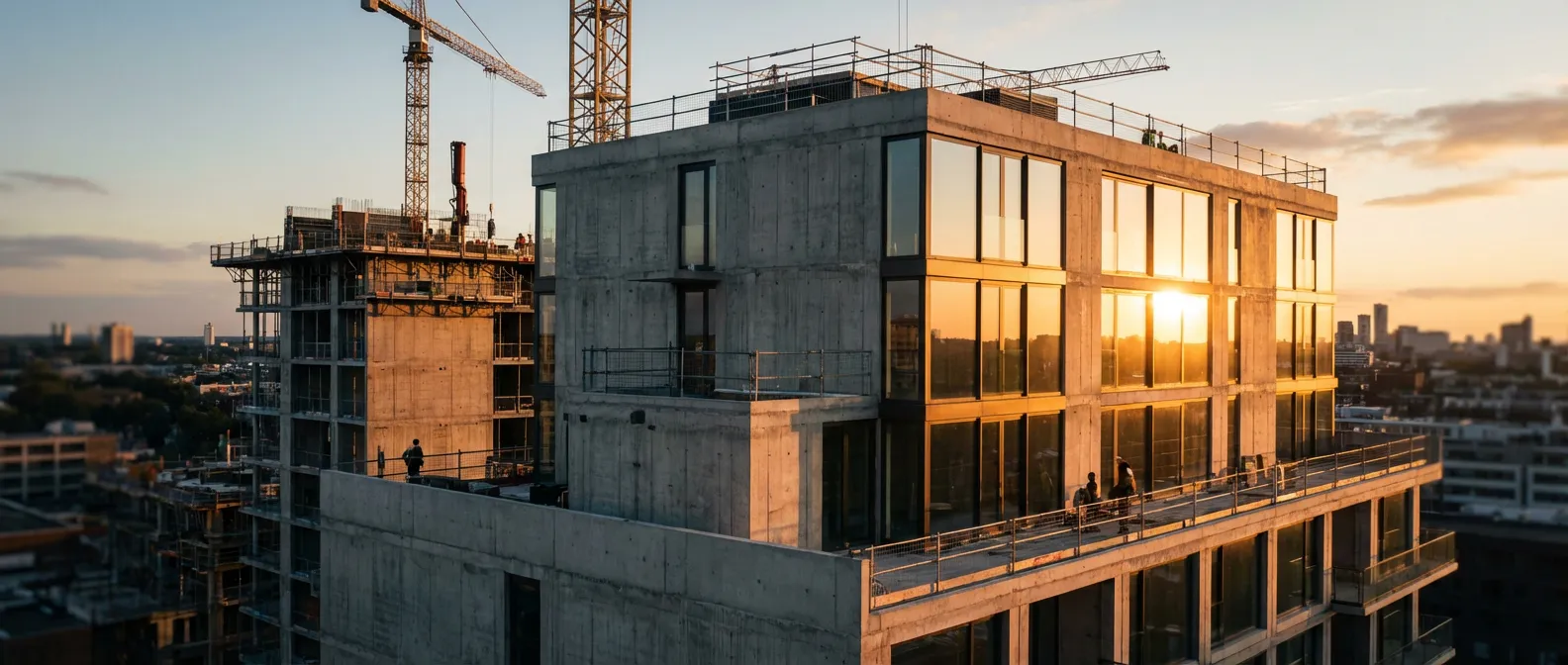 Immeuble moderne en rénovation sous une lumière dorée illustrant l'activité de marchand de biens
