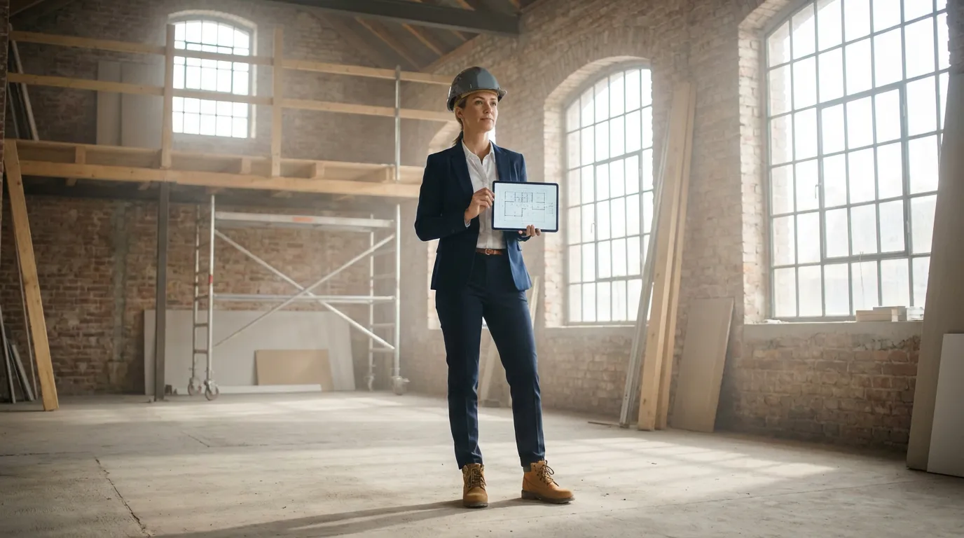Marchand de biens analysant un projet de rénovation dans un loft