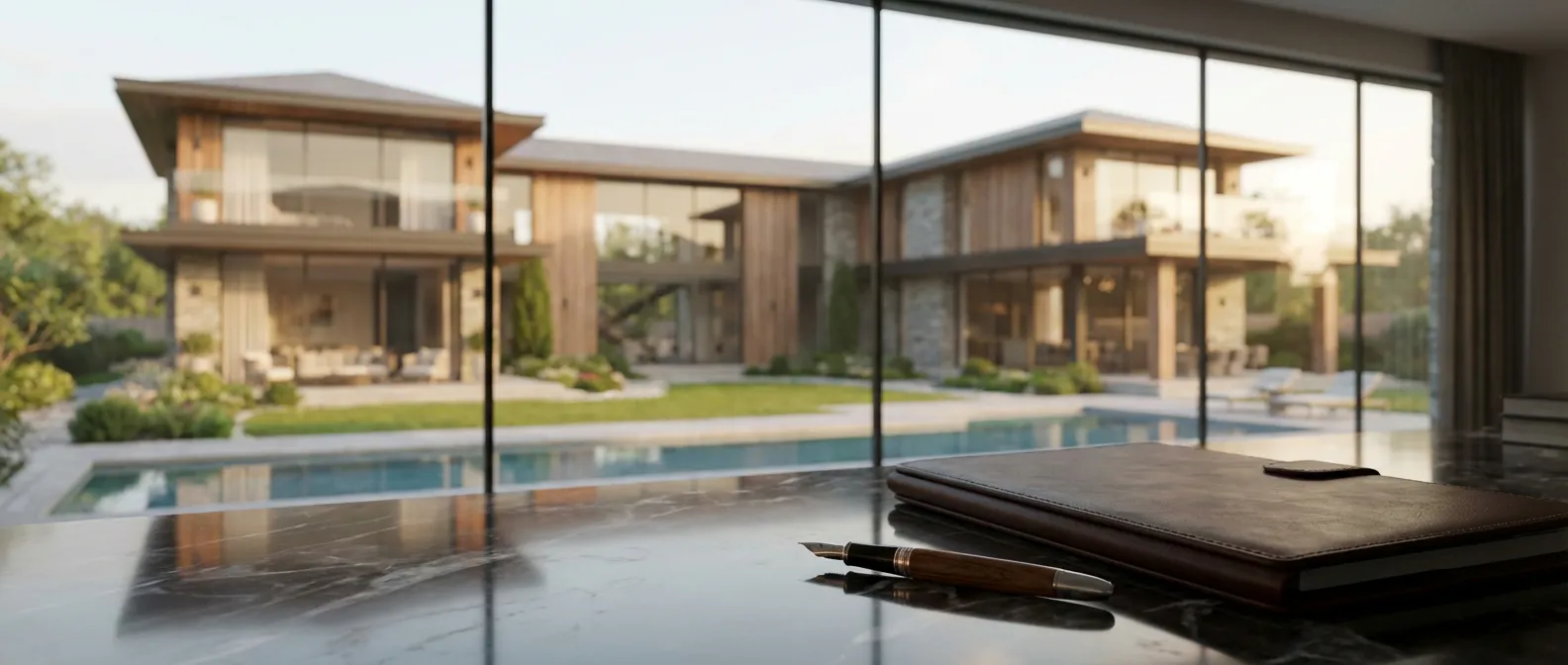 Bureau luxueux avec vue sur une propriété familiale, symbolisant la rédaction des statuts de SCI