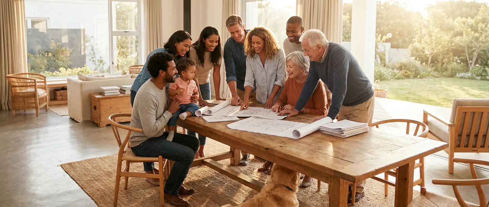 Famille réunie discutant de la protection du patrimoine et des clauses statutaires