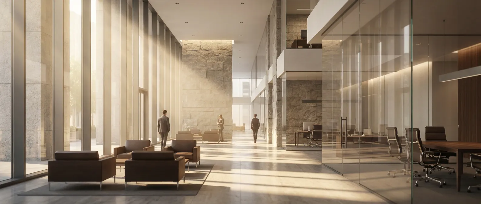 Bureau moderne et luxueux illustrant le cadre professionnel de la conformité réglementaire