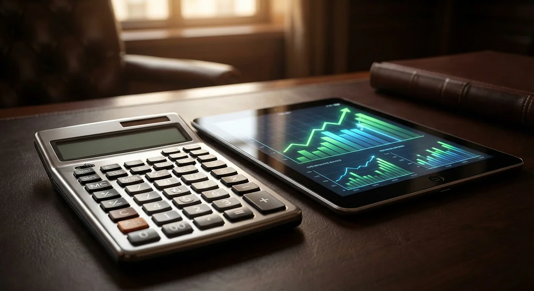 Calculatrice et tablette affichant des graphiques de croissance pour un nouvel entrepreneur.
