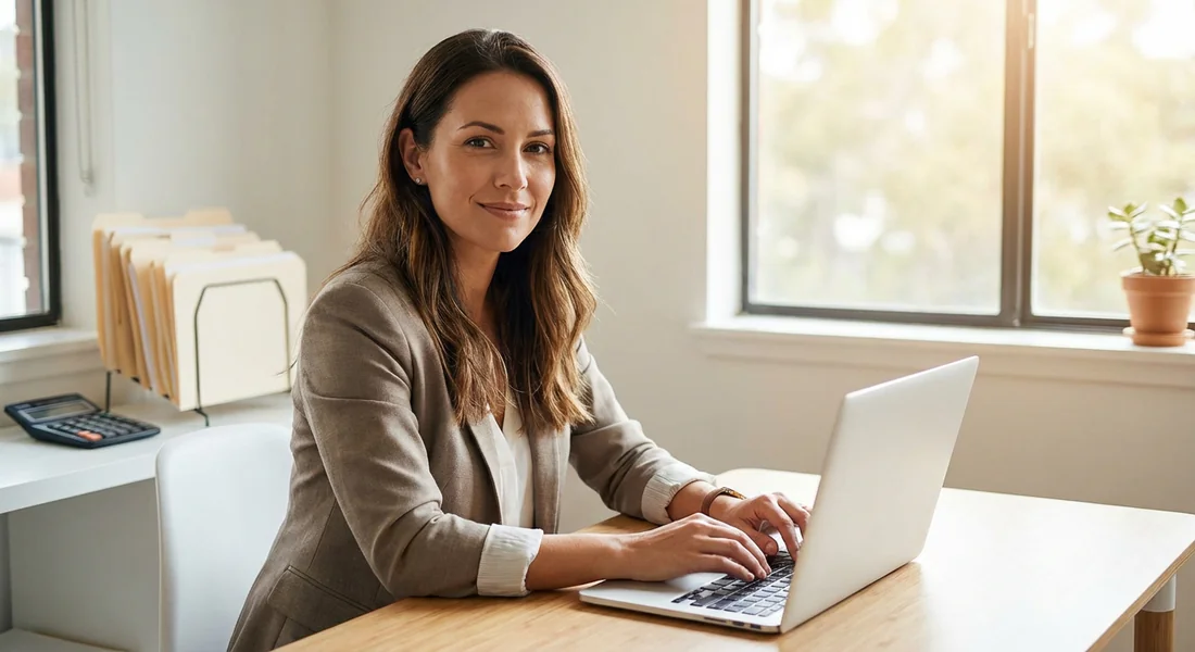 Entrepreneur serein devant son ordinateur portable préparant sa transition du CSP vers l'auto-entreprise.
