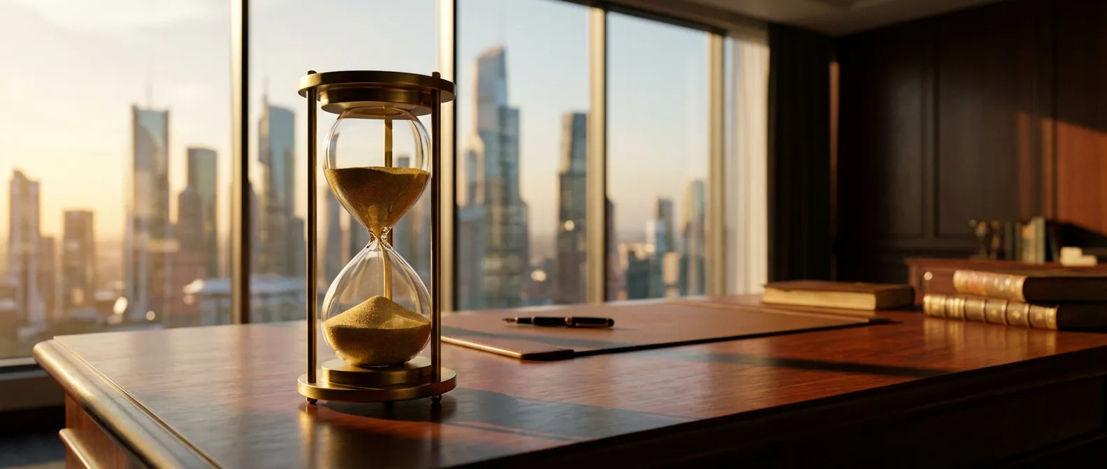 Maîtrise du temps et du capital financier Un sablier luxueux en or sur un bureau de direction avec vue sur un quartier d'affaires, symbolisant le burn rate.