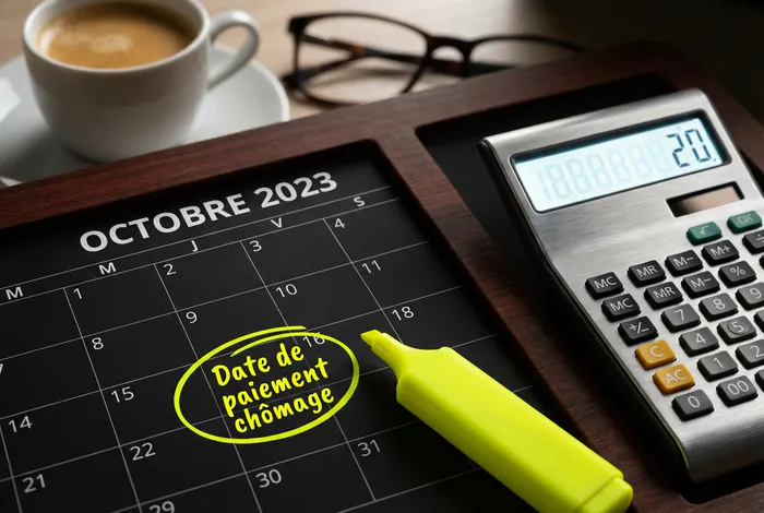 Calendrier et calculatrice indiquant la date de paiement des indemnités chômage.