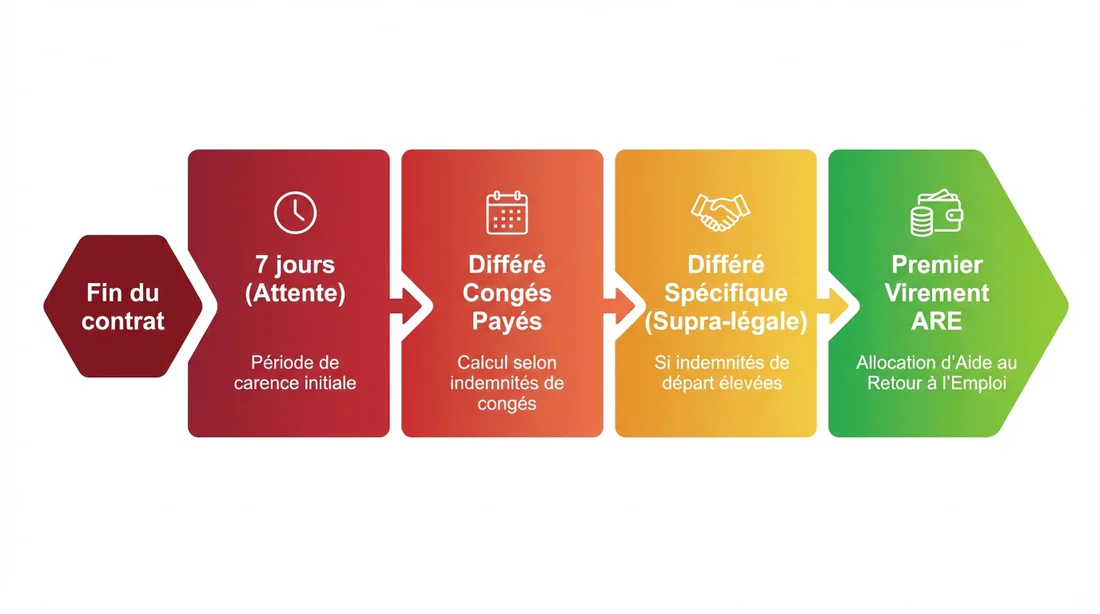 Frise chronologique expliquant les trois types de différés chômage : attente, congés payés et spécifique.