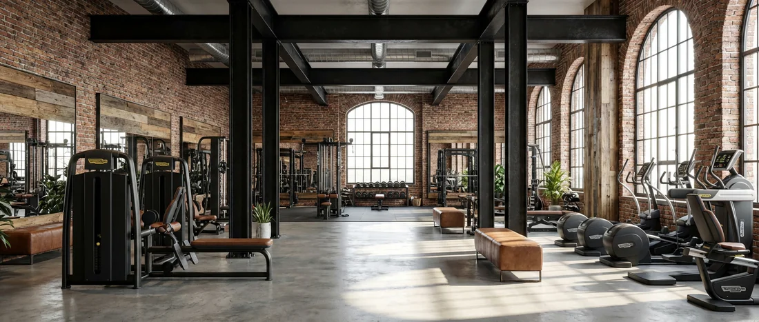 Aménagement professionnel d'une salle de sport haut de gamme Vue d'ensemble d'une salle de sport moderne au design industriel chic et épuré.