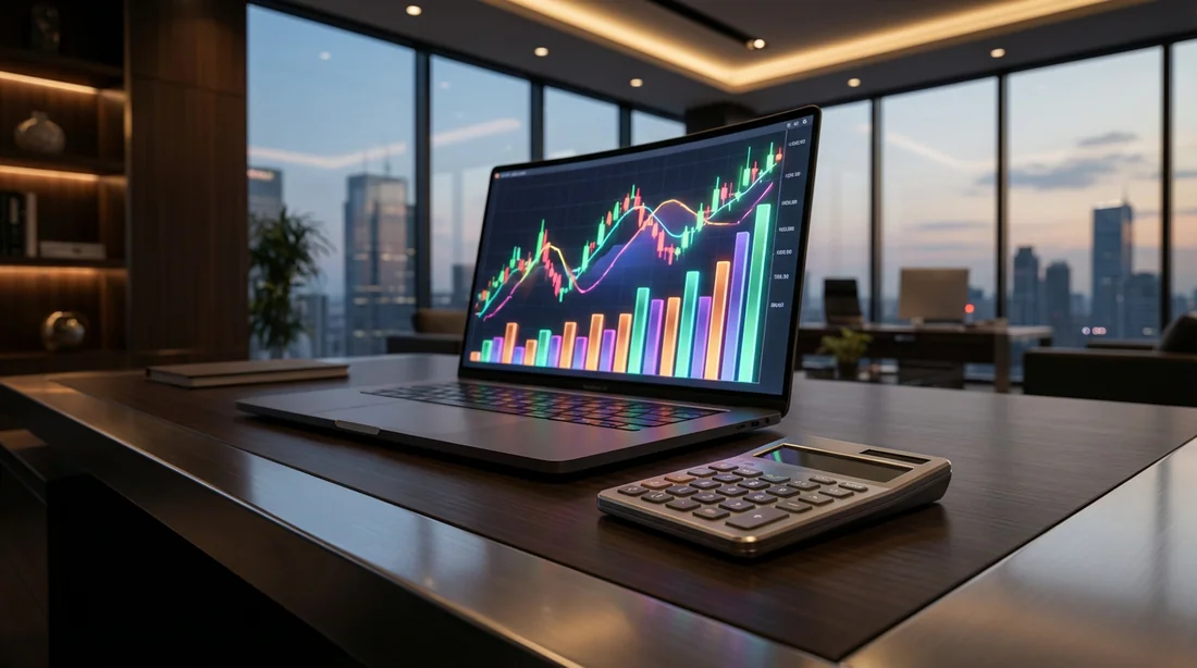 Bureau moderne avec ordinateur affichant des graphiques de rentabilité et une calculatrice