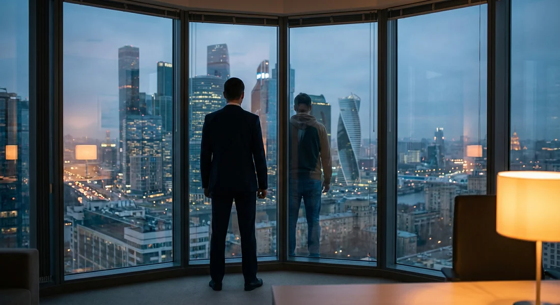 Un professionnel face à une baie vitrée symbolisant le choix entre salariat et entrepreneuriat