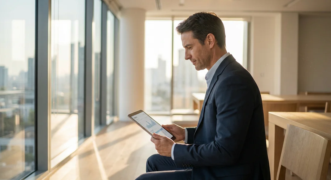 Analyse de la fiche de paie et sérénité financière Un cadre professionnel examine sa fiche de paie numérique sur une tablette dans un bureau moderne et lumineux.