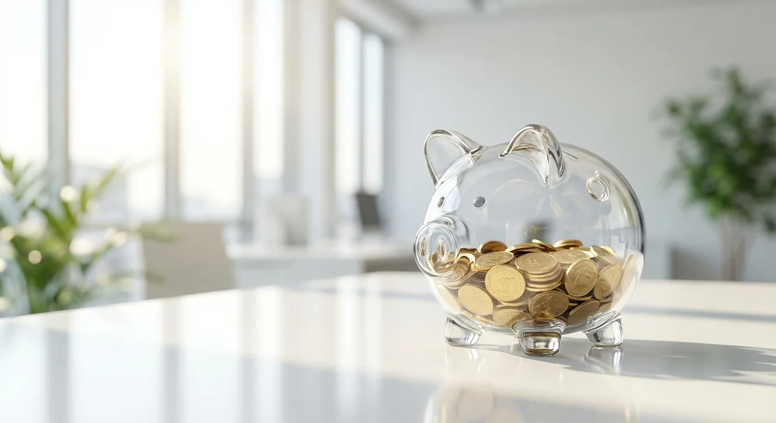 Calcul de la pension de retraite et épargne Une tirelire en verre avec des pièces d'or symbolisant l'accumulation des droits à la retraite.