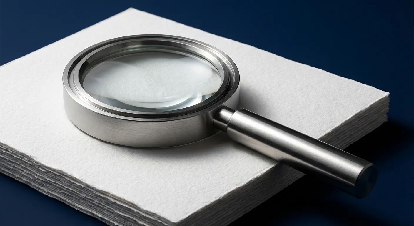 Une loupe posée sur un papier texturé, symbolisant l'analyse précise d'un bilan comptable.