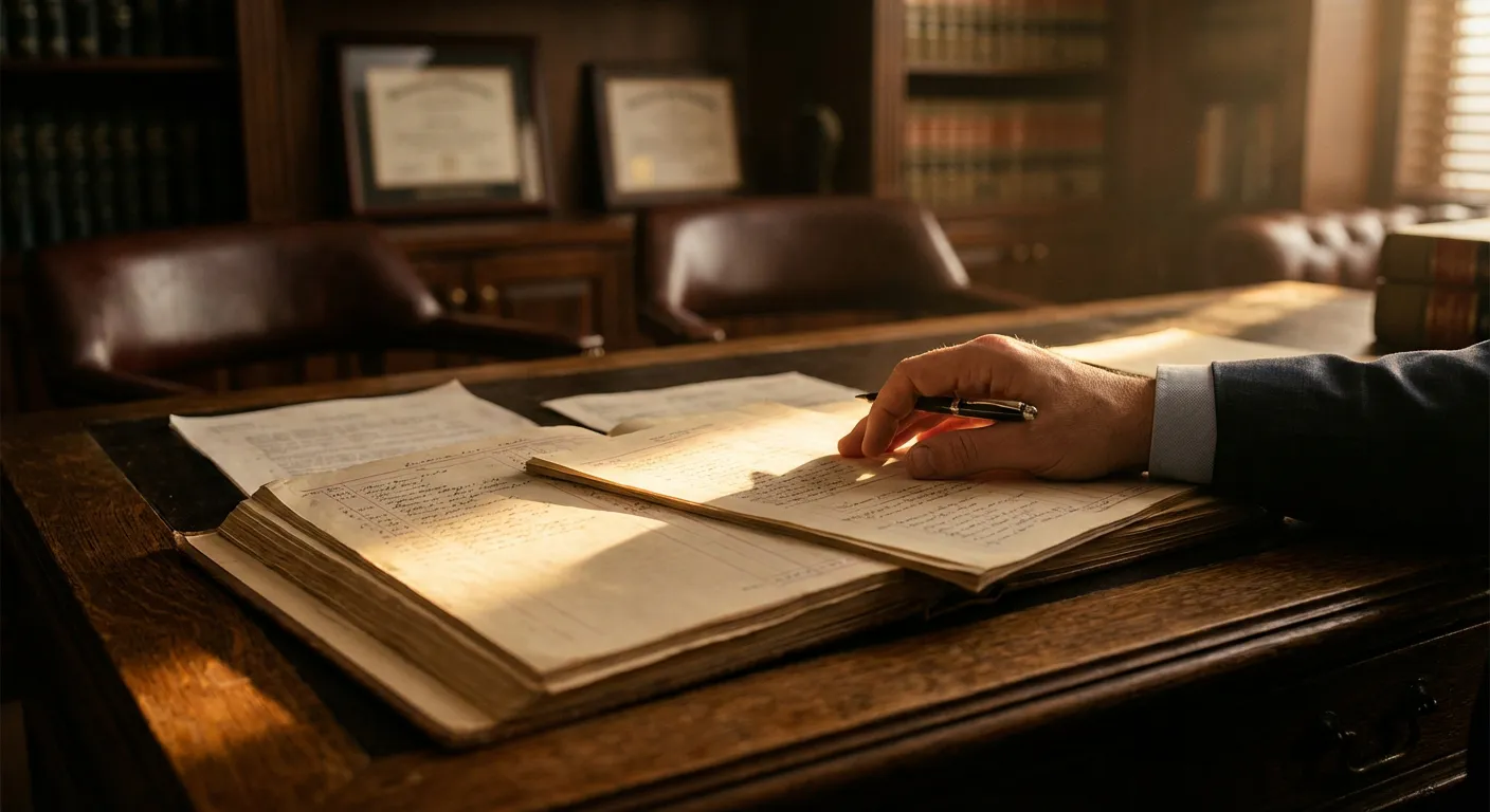 Bilan financier et indemnités de licenciement représentés par des documents comptables sur un bureau en bois.