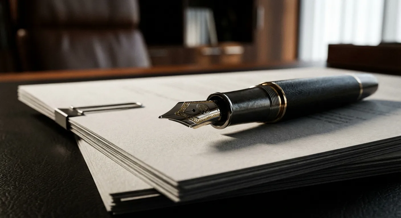 Gros plan iconique d'un stylo plume sur des documents de licenciement.