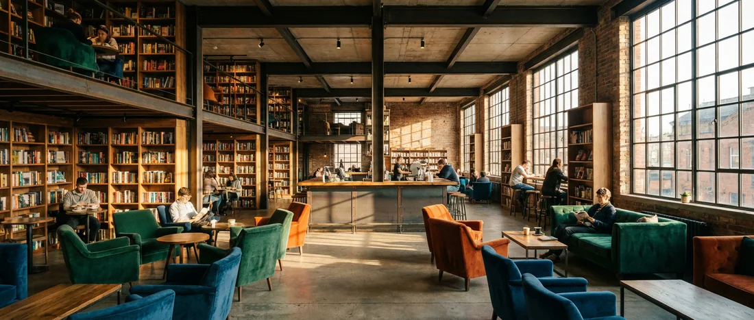 Aménagement intérieur et design d'un espace librairie café moderne.