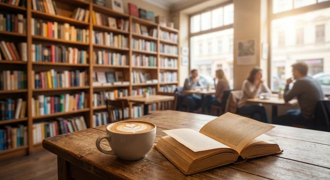 Intérieur chaleureux d'une librairie café avec un latte art et un livre ouvert sur une table en bois.