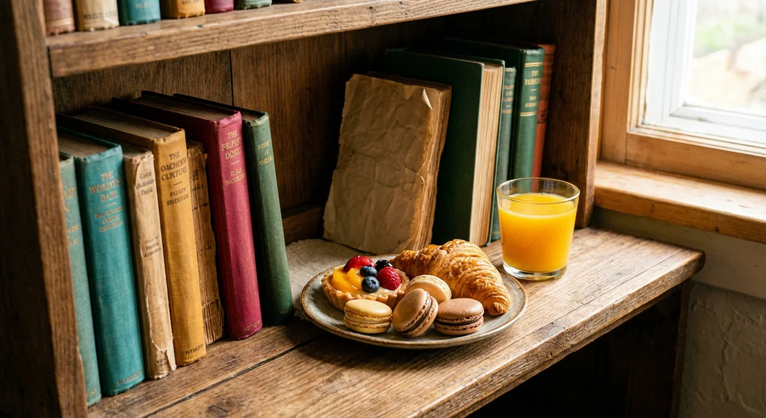 Sélection de livres et menu gourmand pour les clients du café.