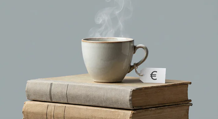 Tasse de café sur une pile de livres avec une étiquette de prix en euros.
