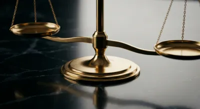 Balance de précision dorée sur fond sombre, icône de l'équilibre financier