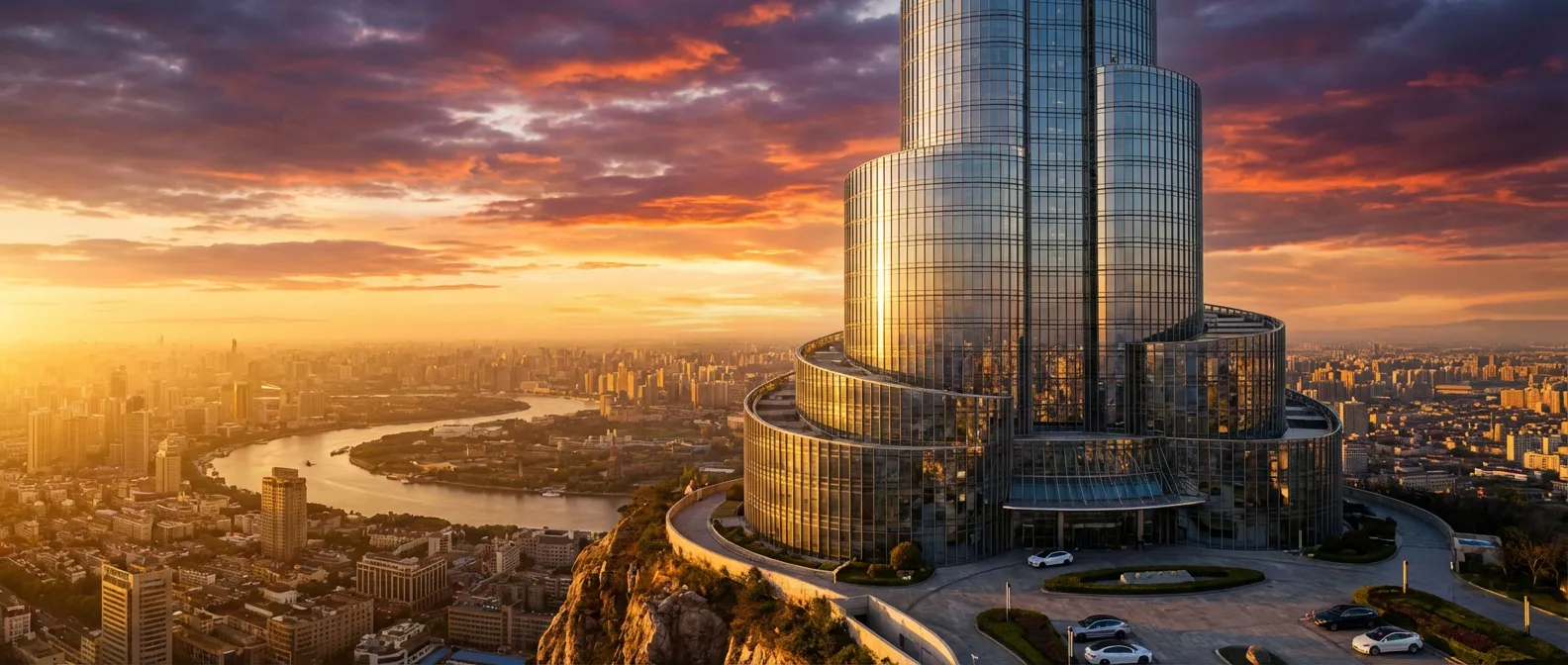 Bâtiment moderne en verre reflétant le coucher du soleil, symbolisant l'autonomie financière d'une entreprise