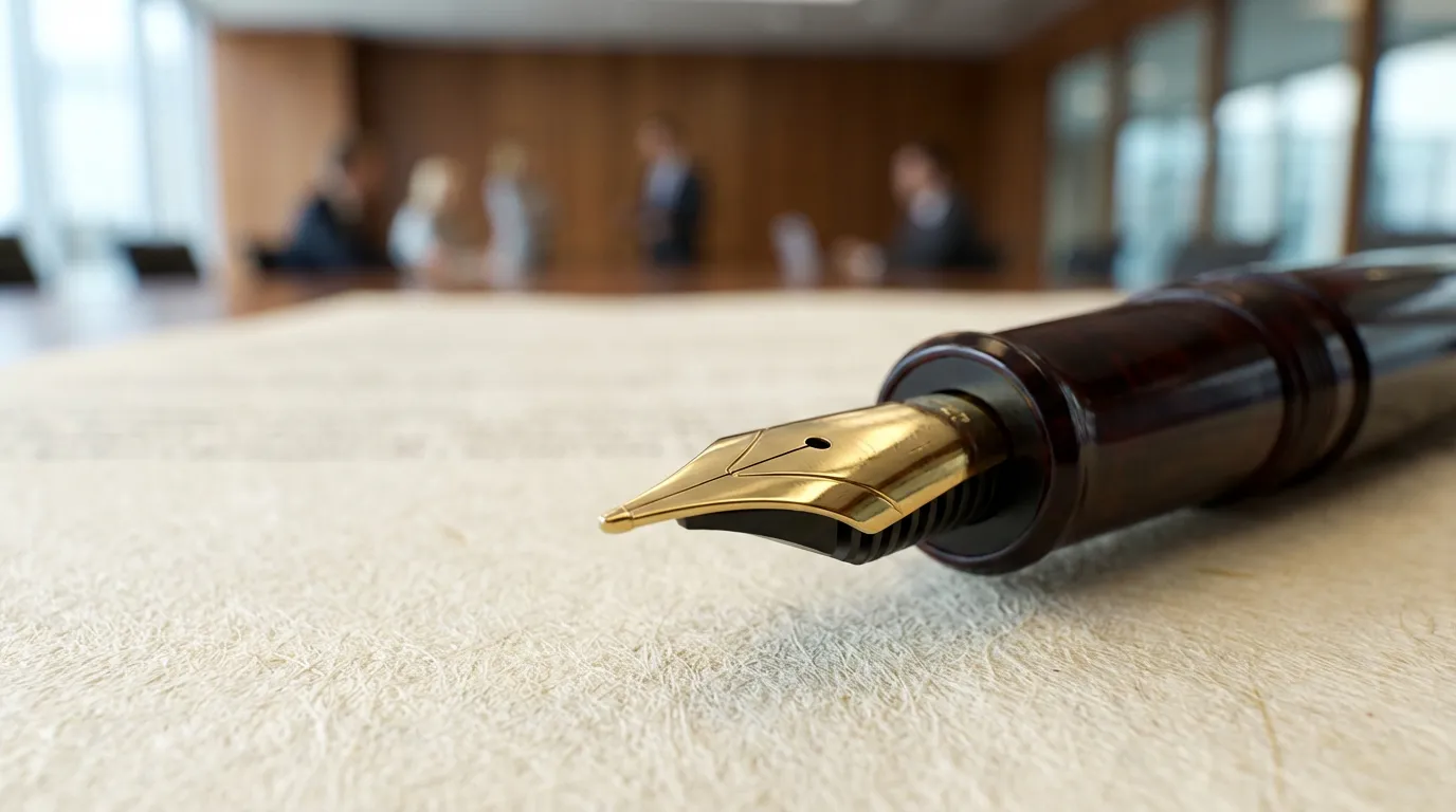 Gros plan d'un stylo de luxe sur des documents comptables, illustrant l'analyse stratégique