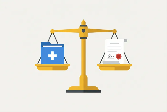 Illustration d'une balance pesant un dossier médical et un contrat de travail.
