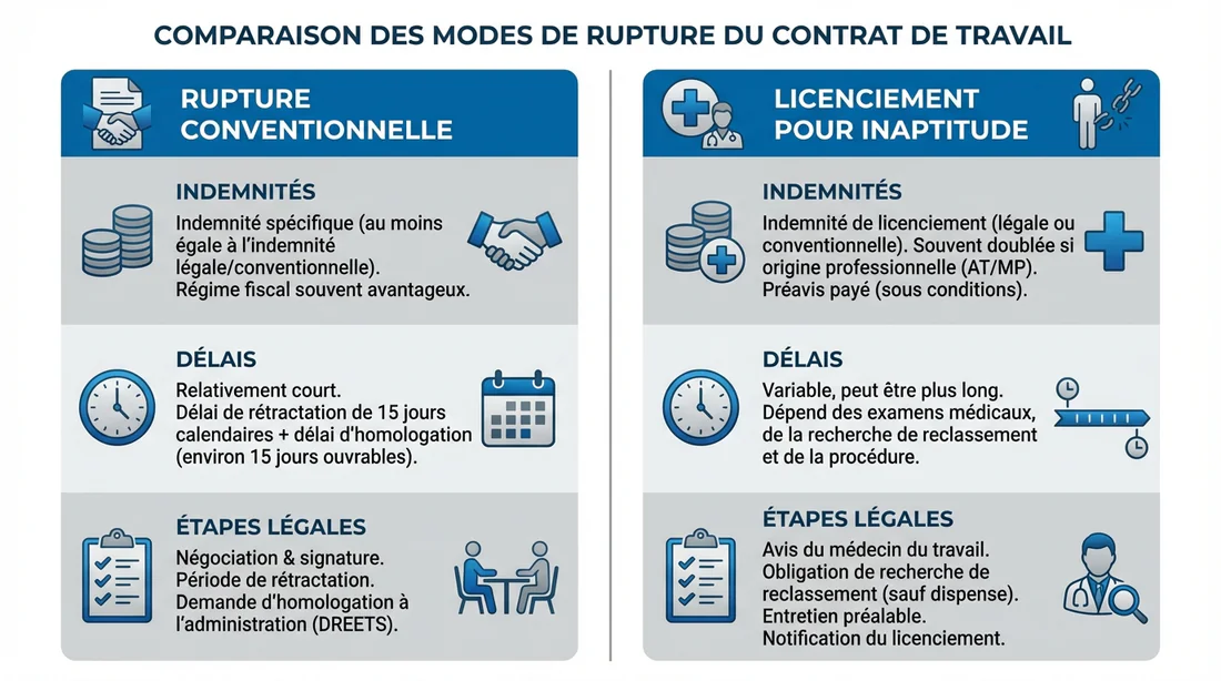 Comparatif Rupture Conventionnelle vs Inaptitude Infographie comparative entre la rupture conventionnelle et le licenciement pour inaptitude.