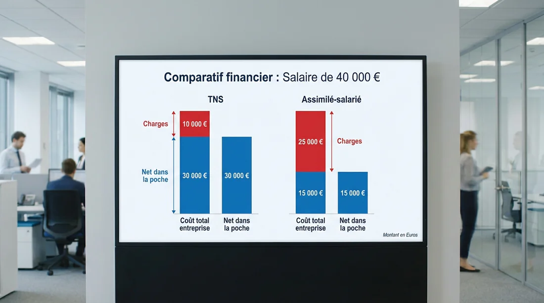 Graphique comparatif du coût entreprise et du revenu net entre TNS et assimilé-salarié.