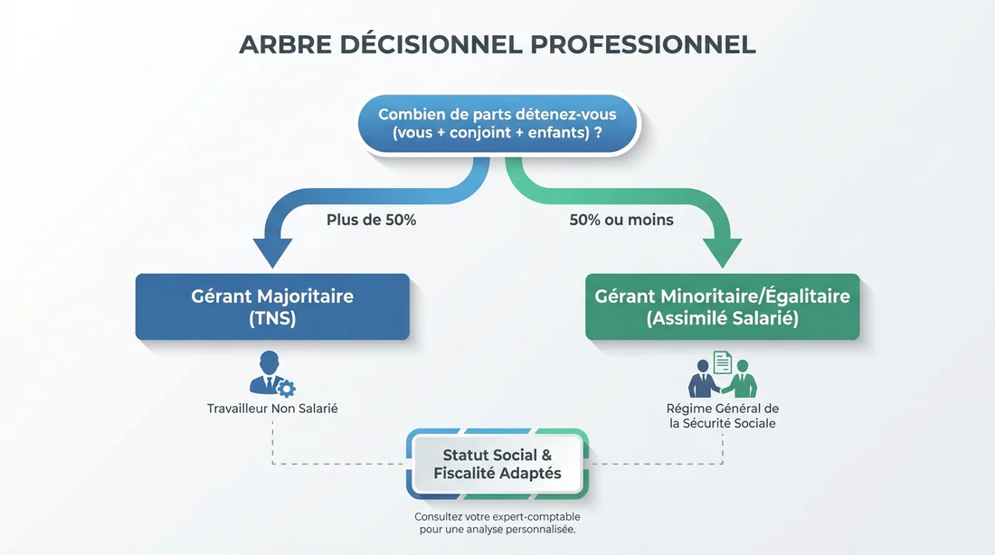 Infographie arbre de décision : gérant majoritaire TNS vs gérant minoritaire assimilé salarié.