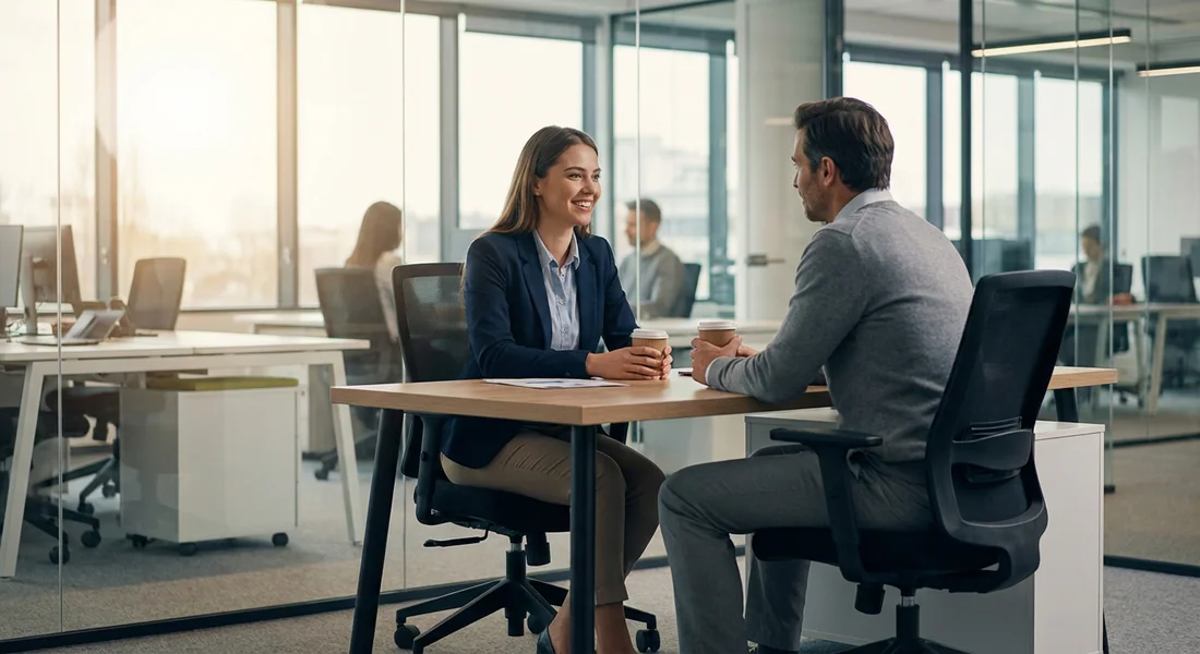 Jeune doctorant en contrat CIFRE discutant avec son manager dans un bureau moderne en 2026.