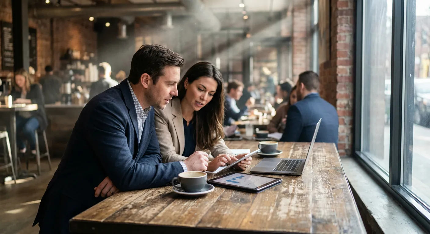 L'art du dating entrepreneurial : tester la collaboration Deux futurs associés testant leur compatibilité lors d'une session de travail dans un café moderne.