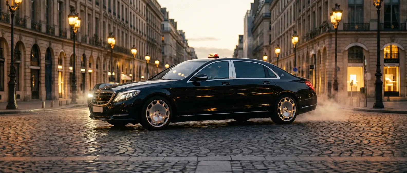 Comprendre la TVA pour les chauffeurs de taxi Berline de taxi de luxe circulant sur une avenue parisienne au coucher du soleil
