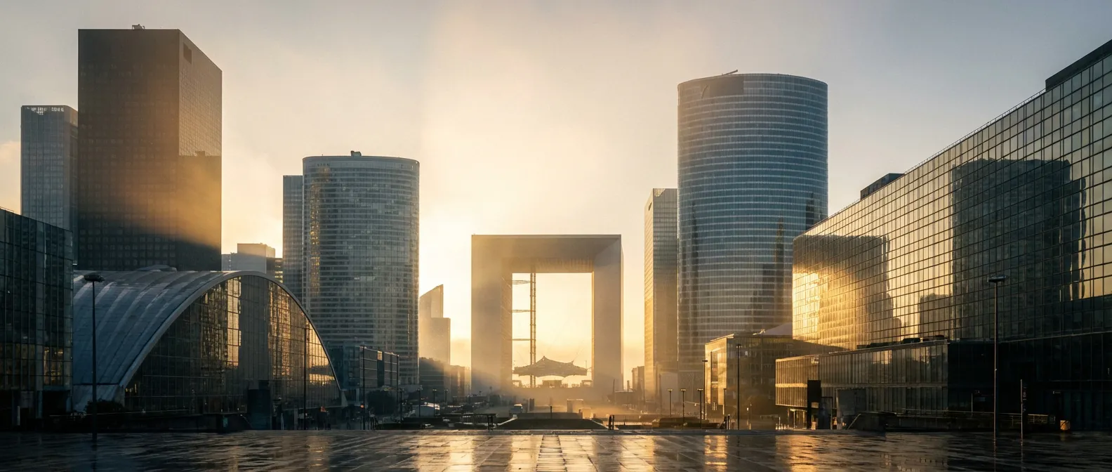 Vue panoramique des tours de la Société Générale à la Défense pour illustrer l'assurance vie