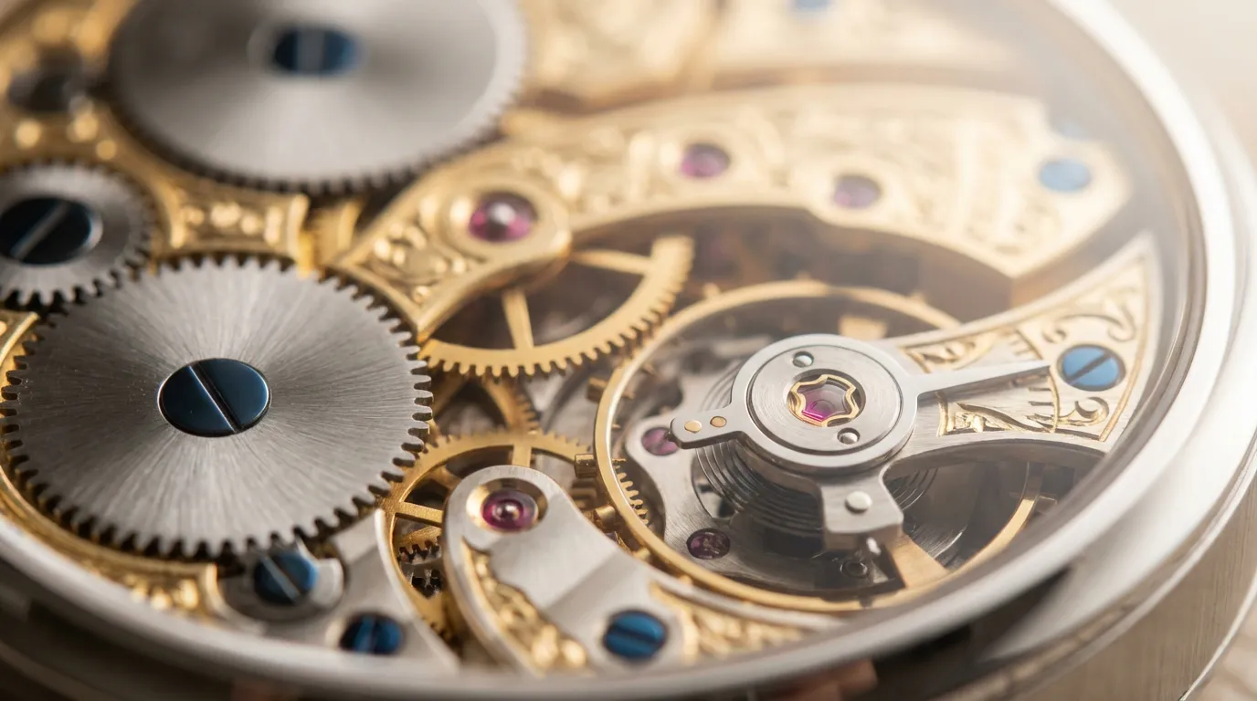 Détail d'un mécanisme horloger de précision illustrant la gestion de l'assurance vie