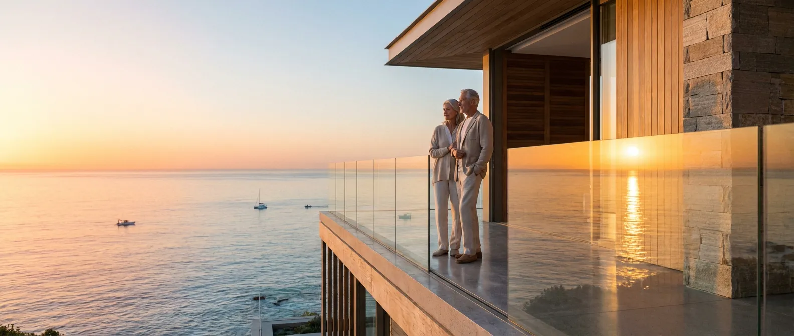 Un couple de retraités sereins contemplant l'horizon depuis une terrasse moderne au lever du soleil